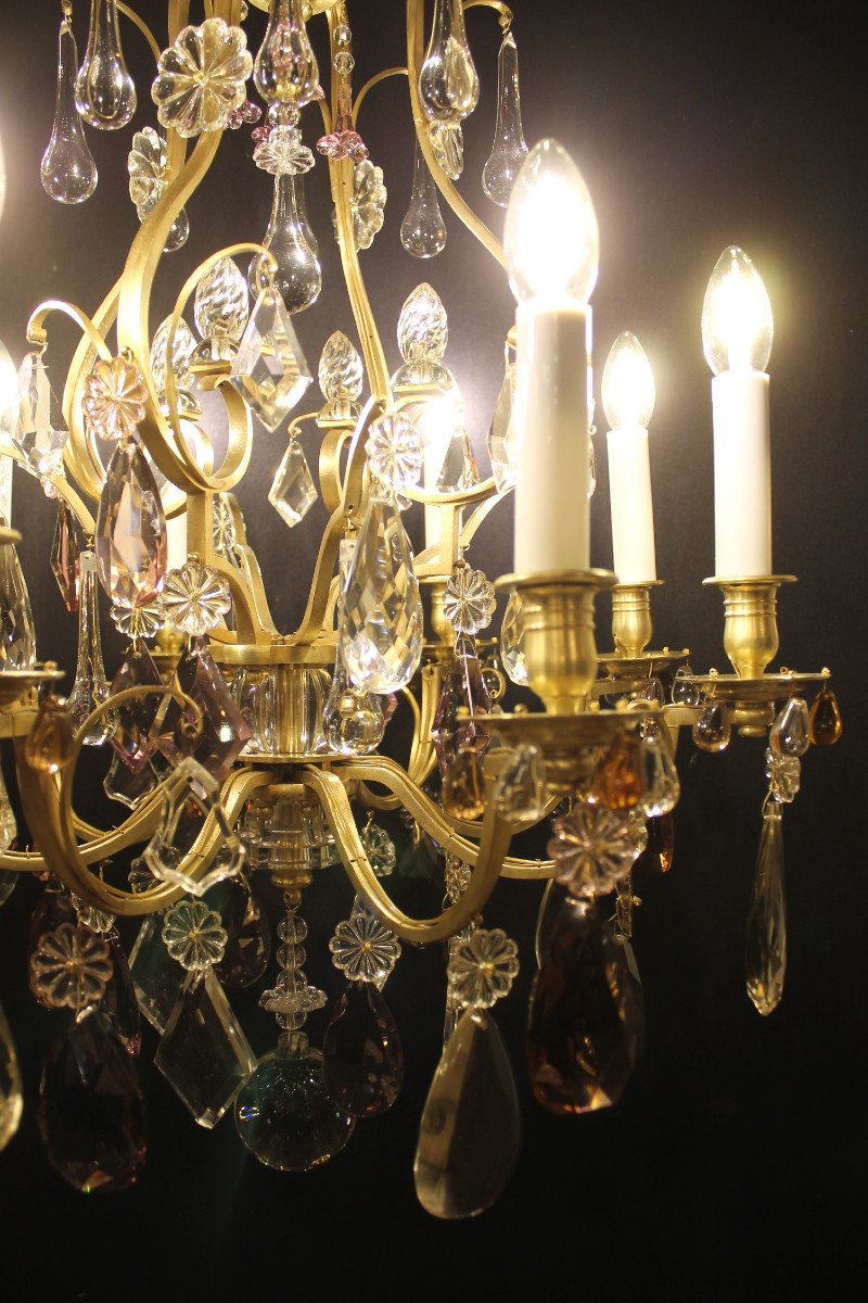 Lustre Cage à 8 Feux En Bronze Et Cristal,  Attribué à Baguès, Circa 1900-photo-6