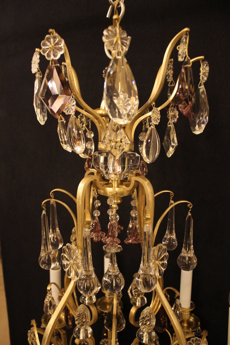 Lustre Cage à 8 Feux En Bronze Et Cristal,  Attribué à Baguès, Circa 1900-photo-7