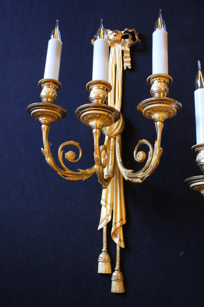 Pair Of Louis XVI Style Sconces In Gilt Bronze And Amati, Restoration Period-photo-2