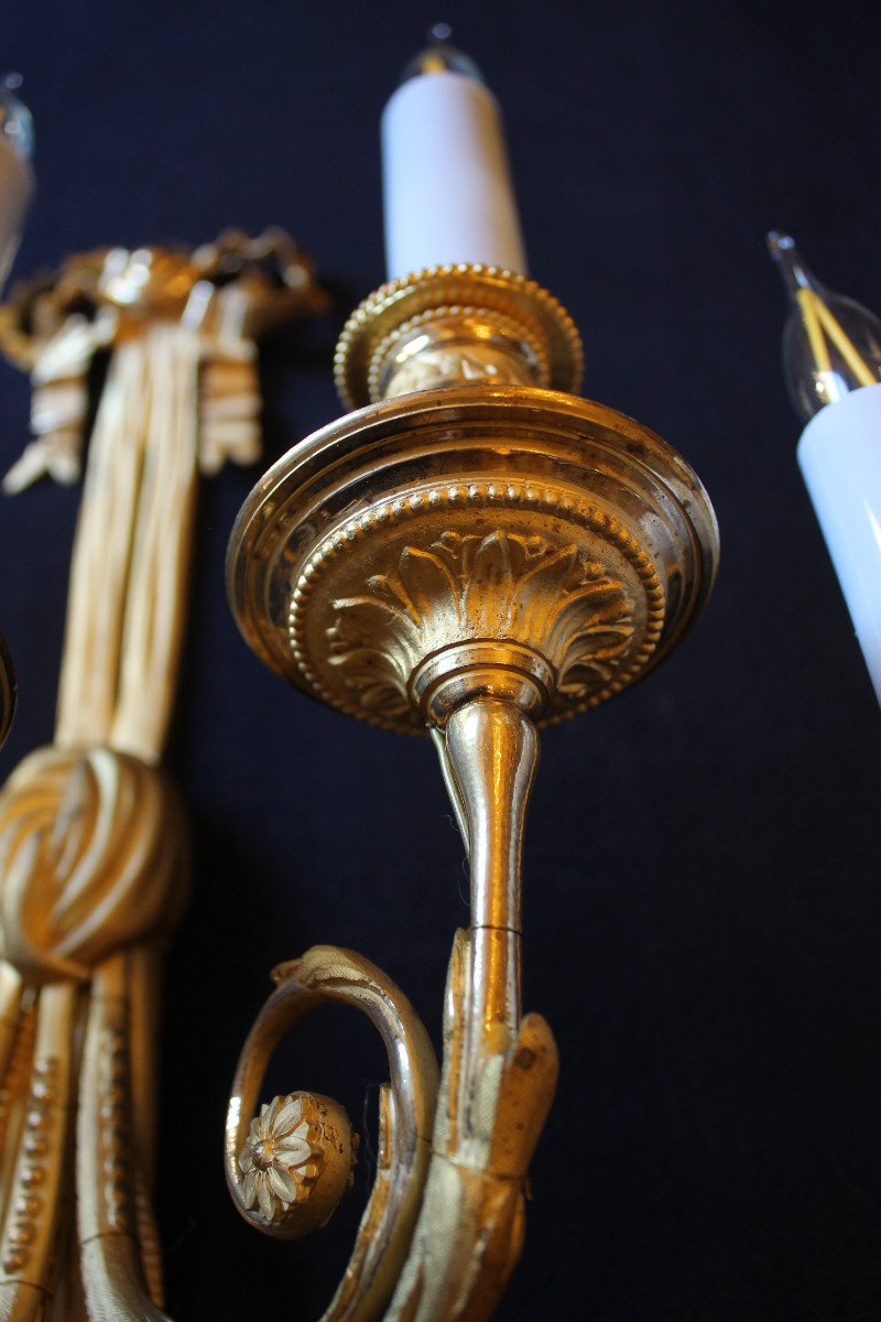 Pair Of Louis XVI Style Sconces In Gilt Bronze And Amati, Restoration Period-photo-3