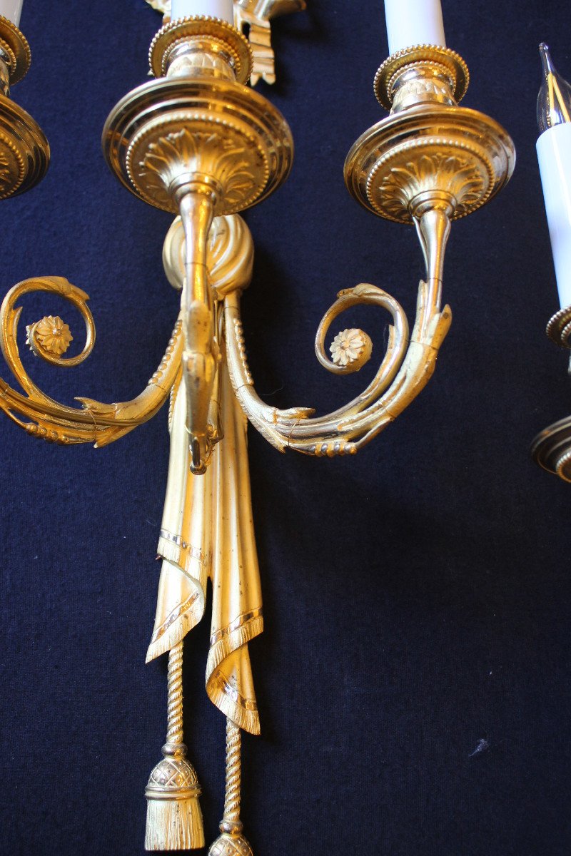 Pair Of Louis XVI Style Sconces In Gilt Bronze And Amati, Restoration Period-photo-5