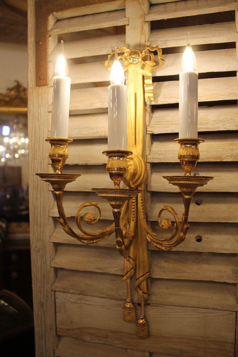 Pair Of Louis XVI Style Sconces In Gilt Bronze And Amati, Restoration Period-photo-7