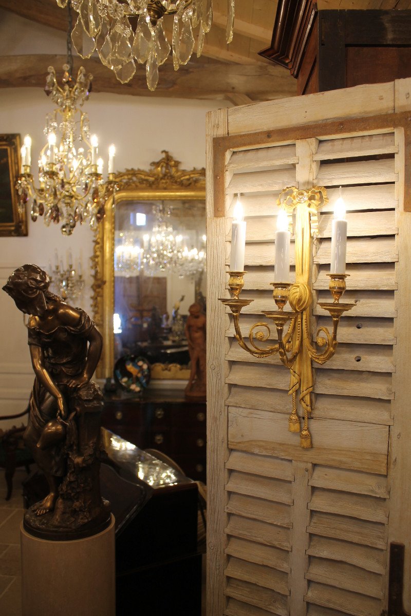 Pair Of Louis XVI Style Sconces In Gilt Bronze And Amati, Restoration Period-photo-8