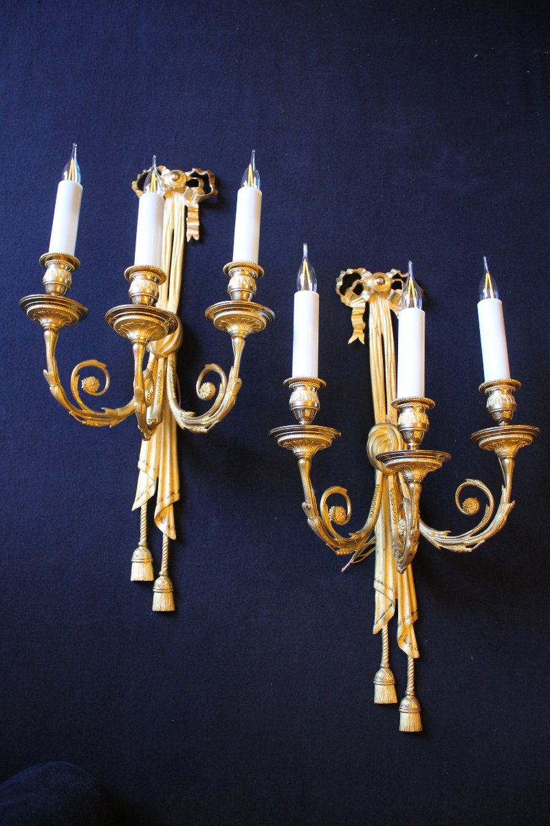 Pair Of Louis XVI Style Sconces In Gilt Bronze And Amati, Restoration Period