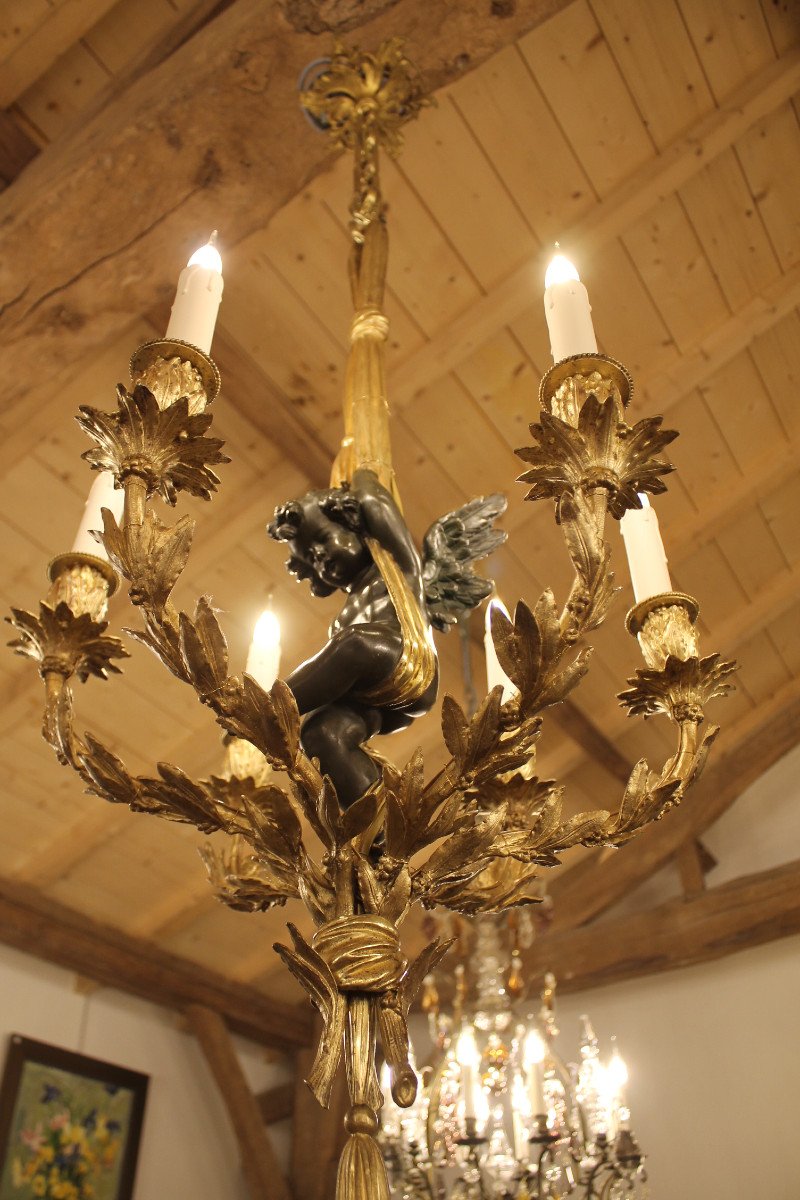 Lustre En Bronze à Décor d'Angelot, époque Napoléon III-photo-8