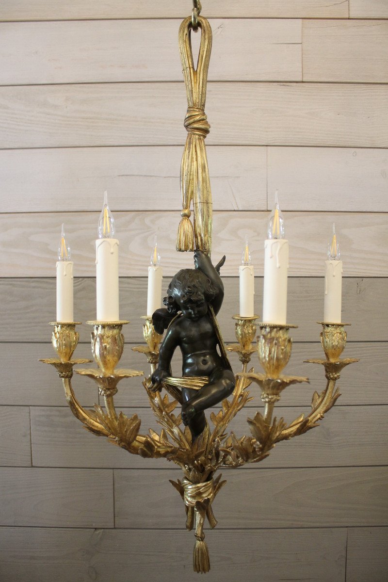 Lustre En Bronze à Décor d'Angelot, époque Napoléon III