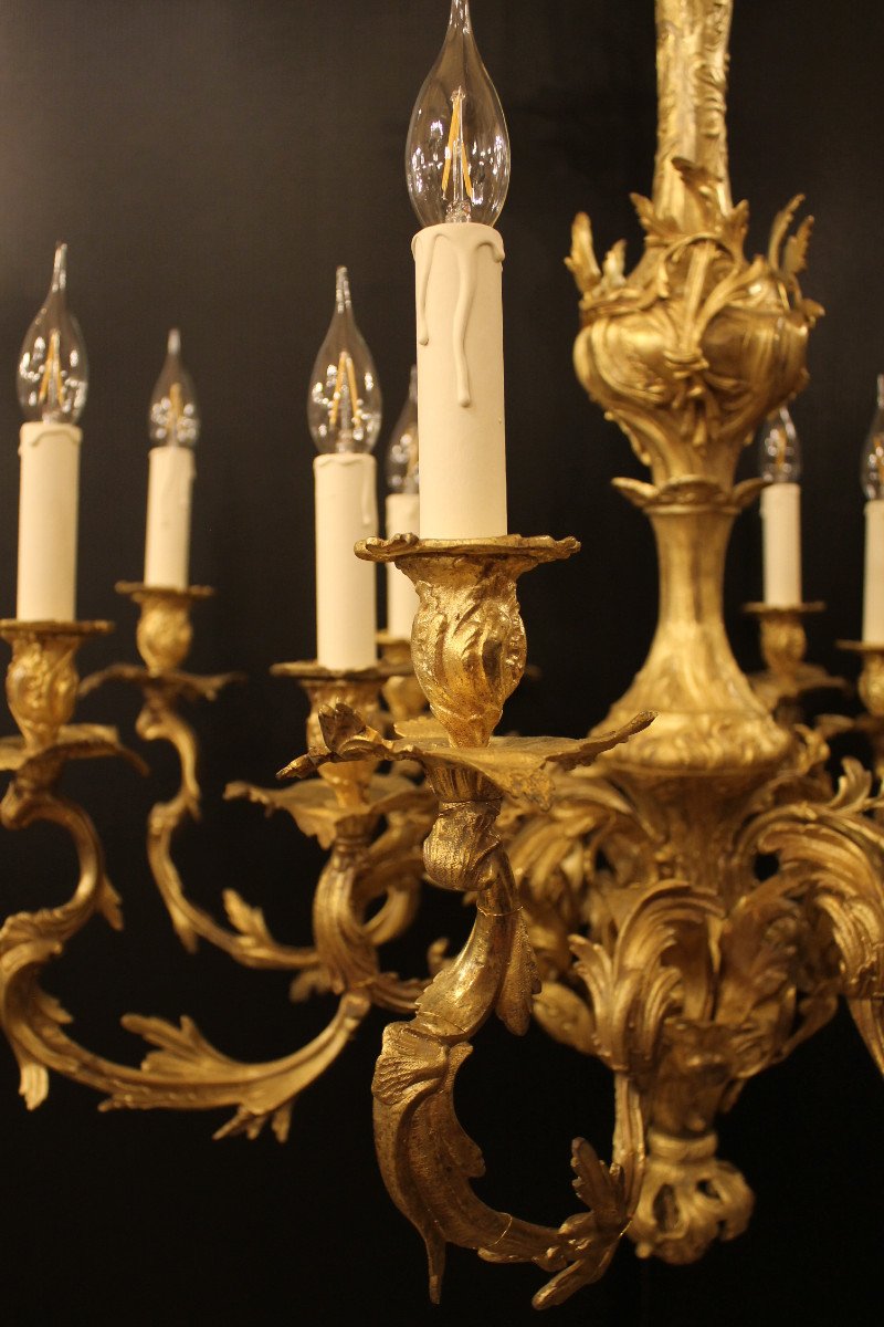 Important Lustre De Style Louis XV Rocaille En Bronze Doré à 12 Feux-photo-3