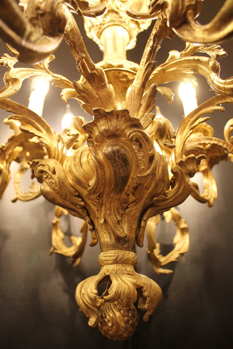 Important Lustre De Style Louis XV Rocaille En Bronze Doré à 12 Feux-photo-5