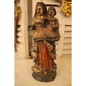 Vierge à l'Enfant En Bois Sculpté Et Polychromé, époque XIXème Siècle