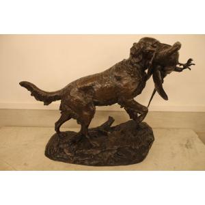 Lienard Emile - Spaniel With Pheasant, Important Bronze Sculpture