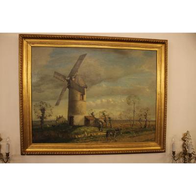 Moulin Dans Le Marais Vendéen, Grande Peinture d'Edmond Bertreux