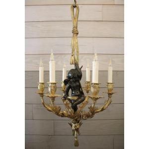 Lustre En Bronze à Décor d'Angelot, époque Napoléon III