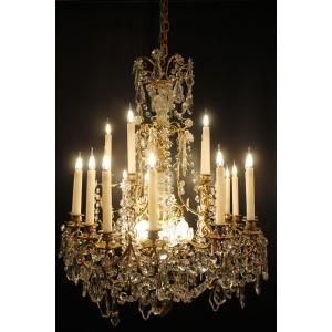 Lustre à 25 Lumières En Bronze Et Cristal De Baccarat, Fin Du XIXème Siècle