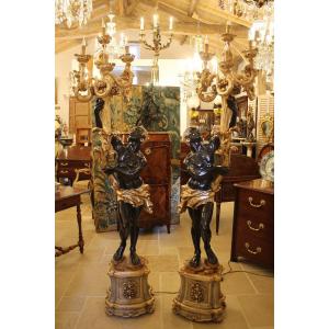 Pair Of Nubian Torchiere Doors In Polychrome Carved Wood And Golden Stucco