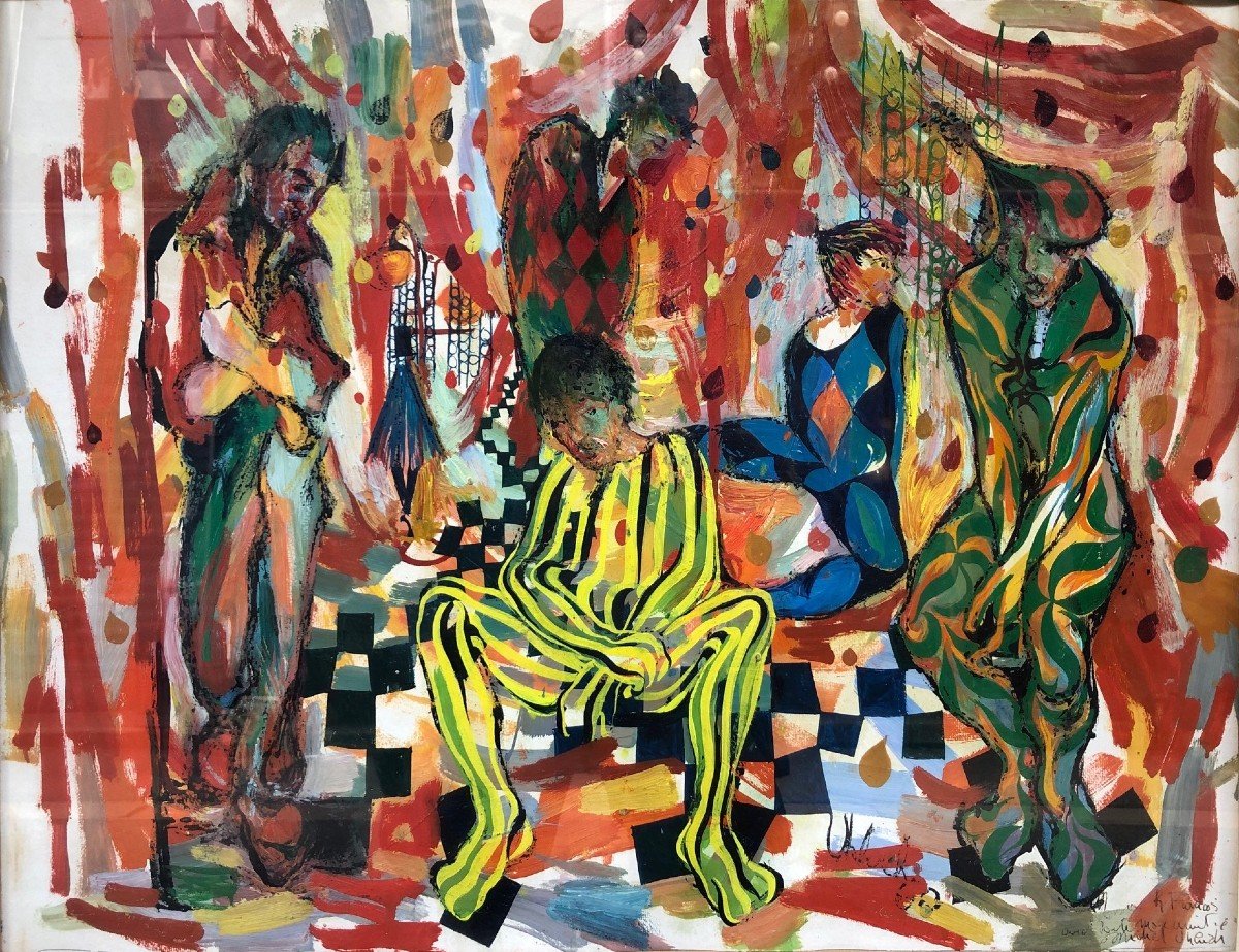 Michel Uhlrich (1937-2016) - Clowns Et Arlequins Au Cirque - Daté 1960 - Huile Sur Carton