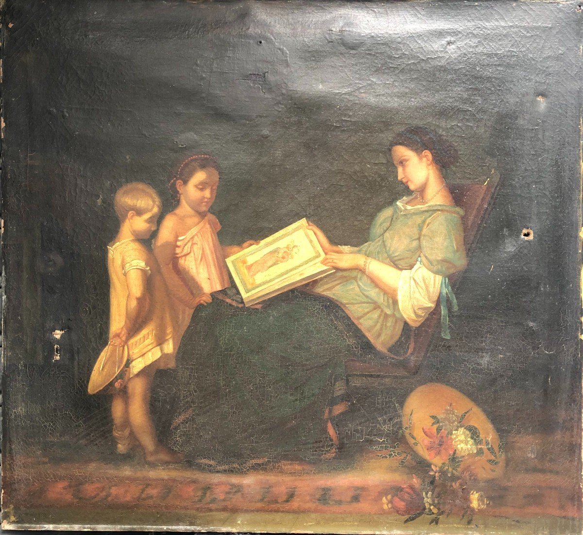 Romantic XIXth School - The Mother And Her Two Children - Oil On Canvas