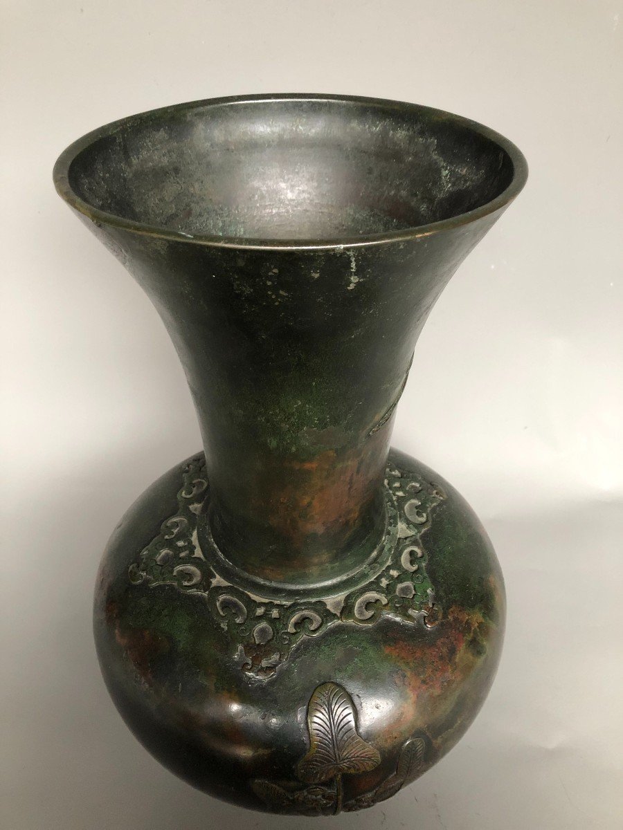 Vase En Bronze Japon - Fin Du XIXème - Décor De Végétaux Et Grues-photo-4