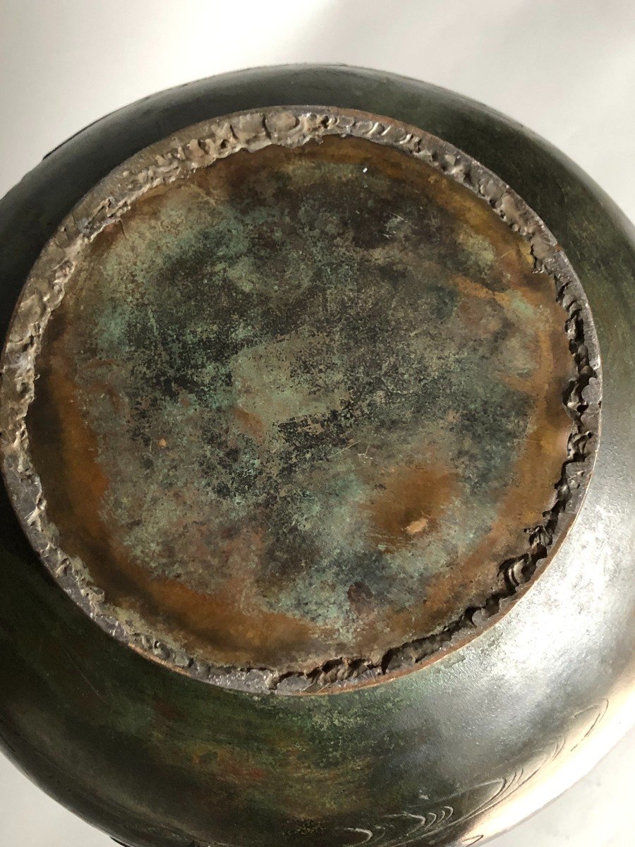 Vase En Bronze Japon - Fin Du XIXème - Décor De Végétaux Et Grues-photo-2