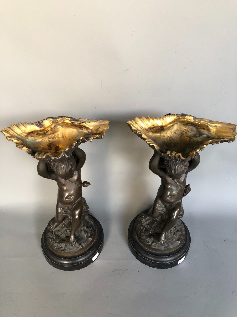 Paire De Putti Ou Angelots En Bronze - XIXème Siècle - Décor De Coquillage-photo-4