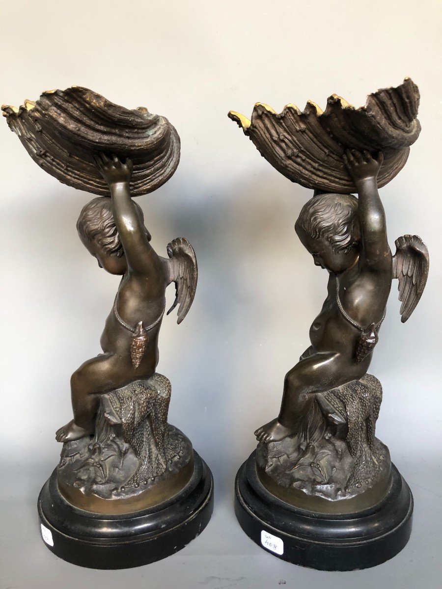 Paire De Putti Ou Angelots En Bronze - XIXème Siècle - Décor De Coquillage-photo-5