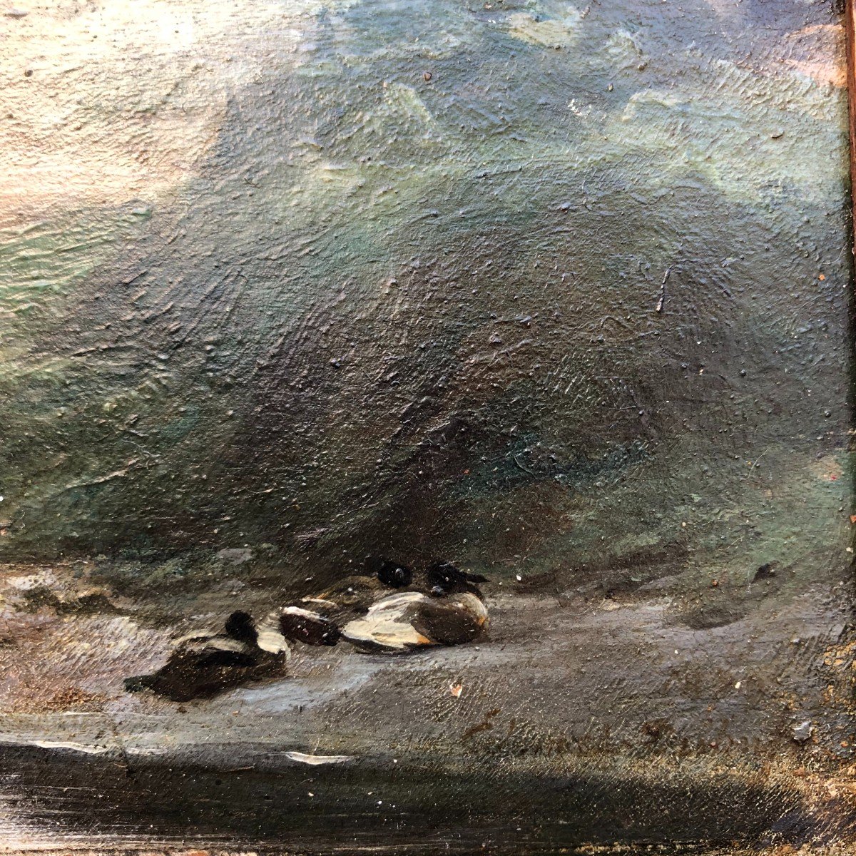 Guillaume Edouard Dubufe (1853-1909) - Huile Sur Bois - Paysage à La Charrette Et Aux Canards-photo-3