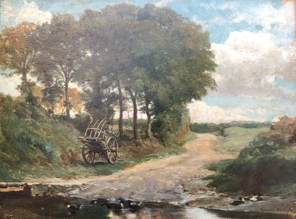 Guillaume Edouard Dubufe (1853-1909) - Huile Sur Bois - Paysage à La Charrette Et Aux Canards