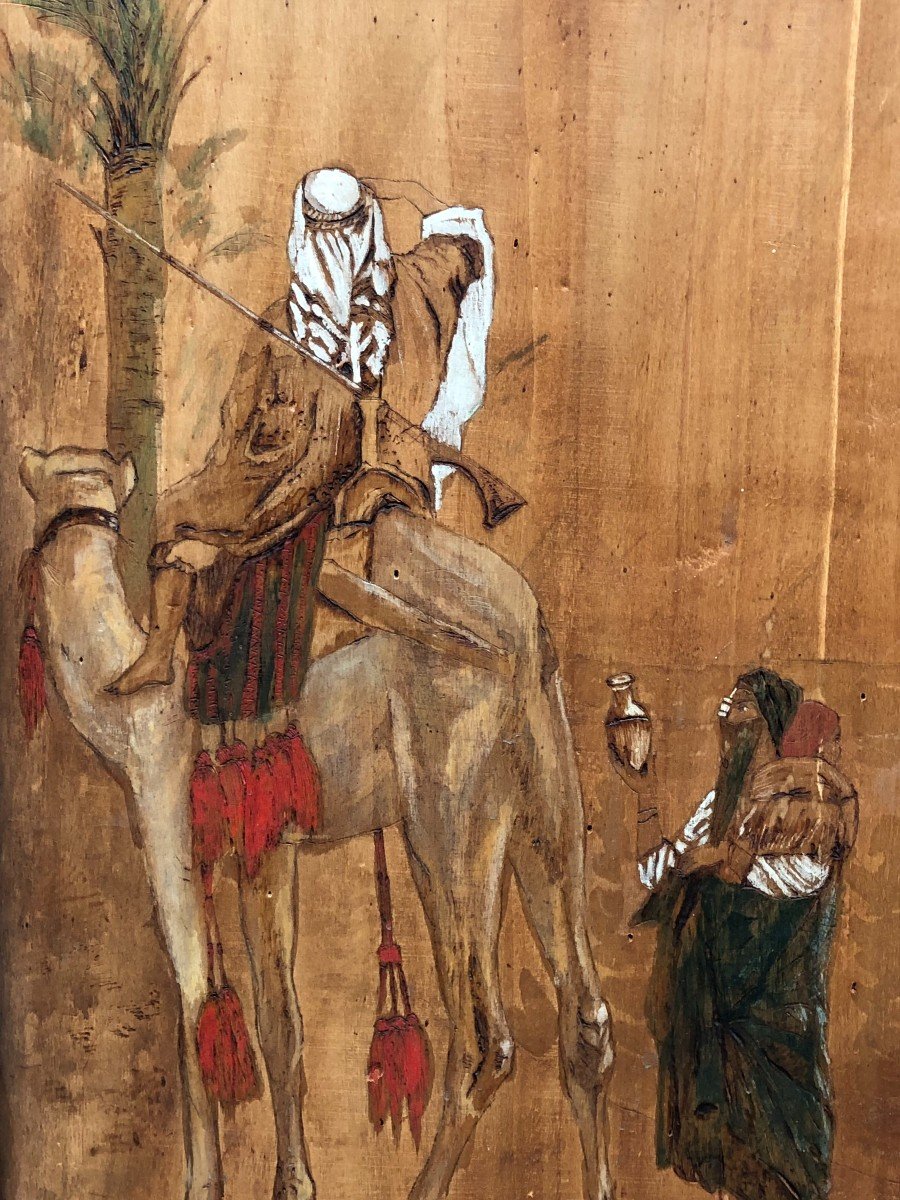 Oil On Wood 19th Century - Signed Briqué - Orientalism - Arab Warrior On His Camel-photo-3