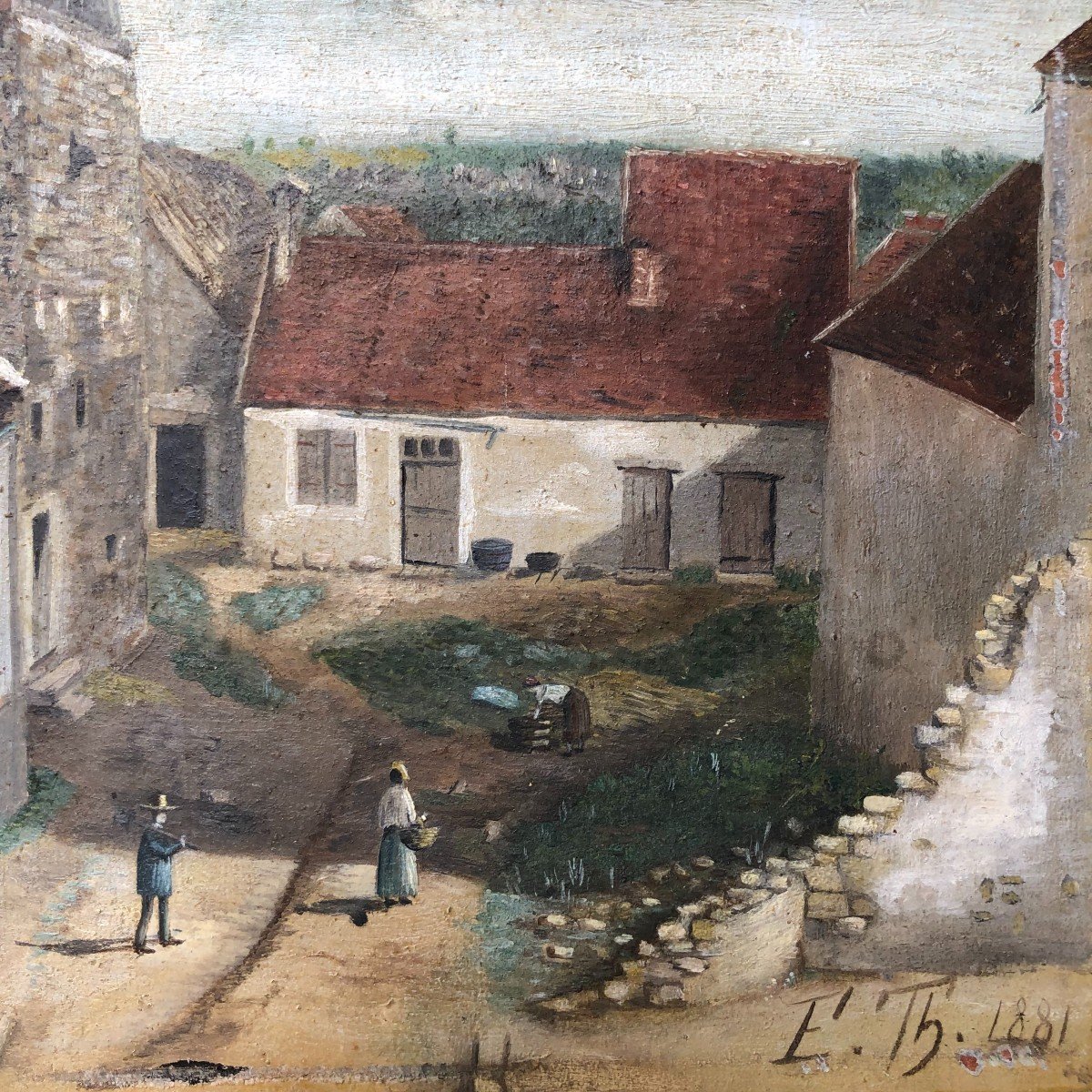 Huile Sur Carton - La Ferme - 1881 - Signé-photo-2