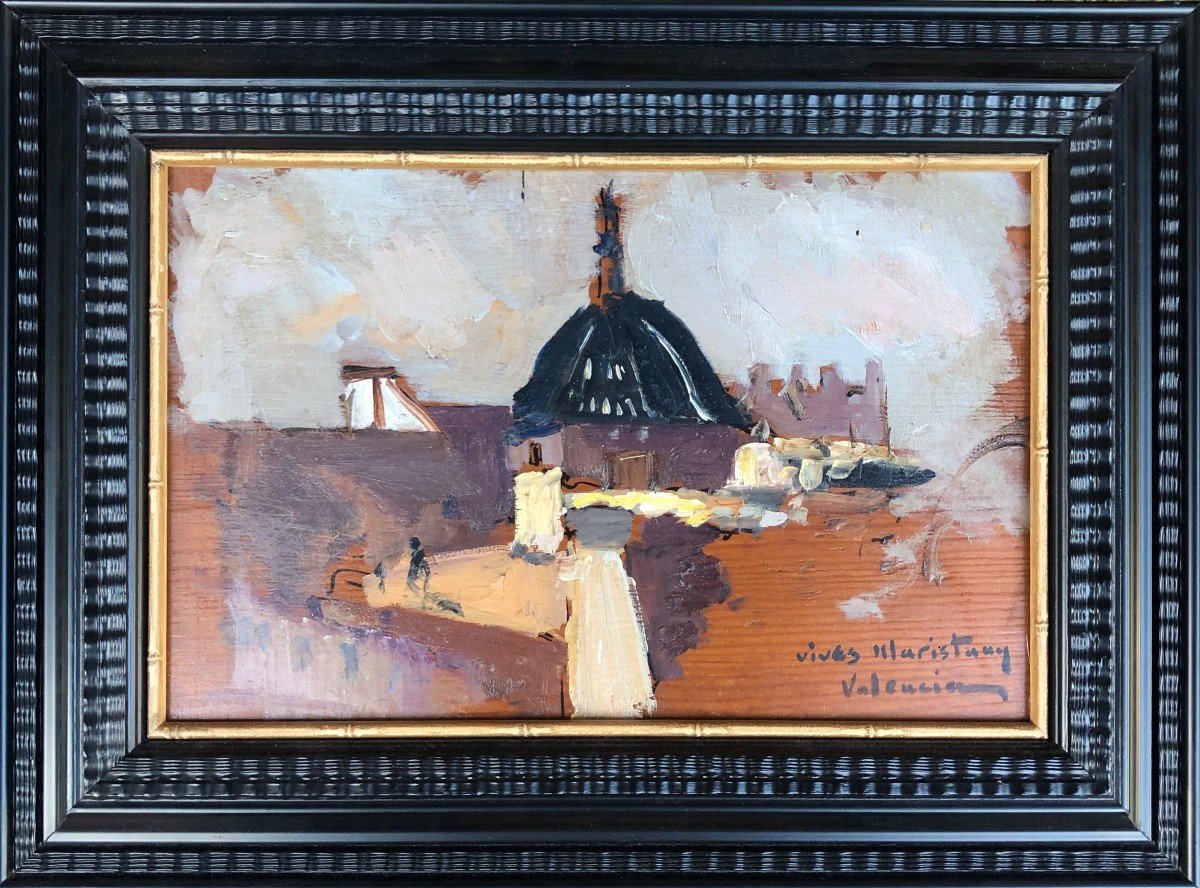 Vives Martistany (1901-1932) - Les Toits De Valence En Espagne - Valencia - Huile Sur Bois-photo-2