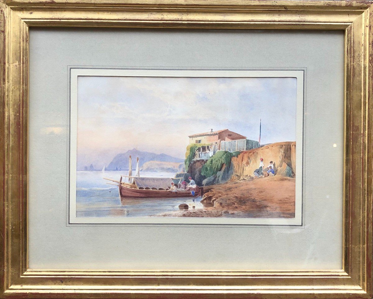 Aquarelle XIXème - Les Pêcheurs Napolitains Ou Italiens-photo-2
