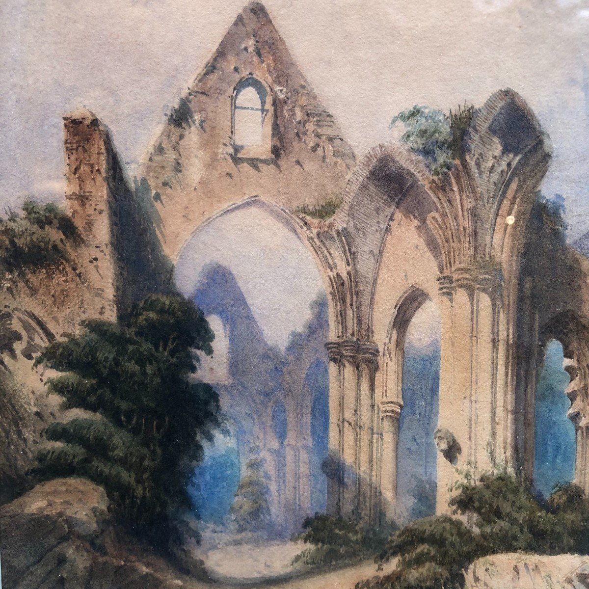 19th Century Watercolor - Ruins Of A Church - Balkans-photo-3