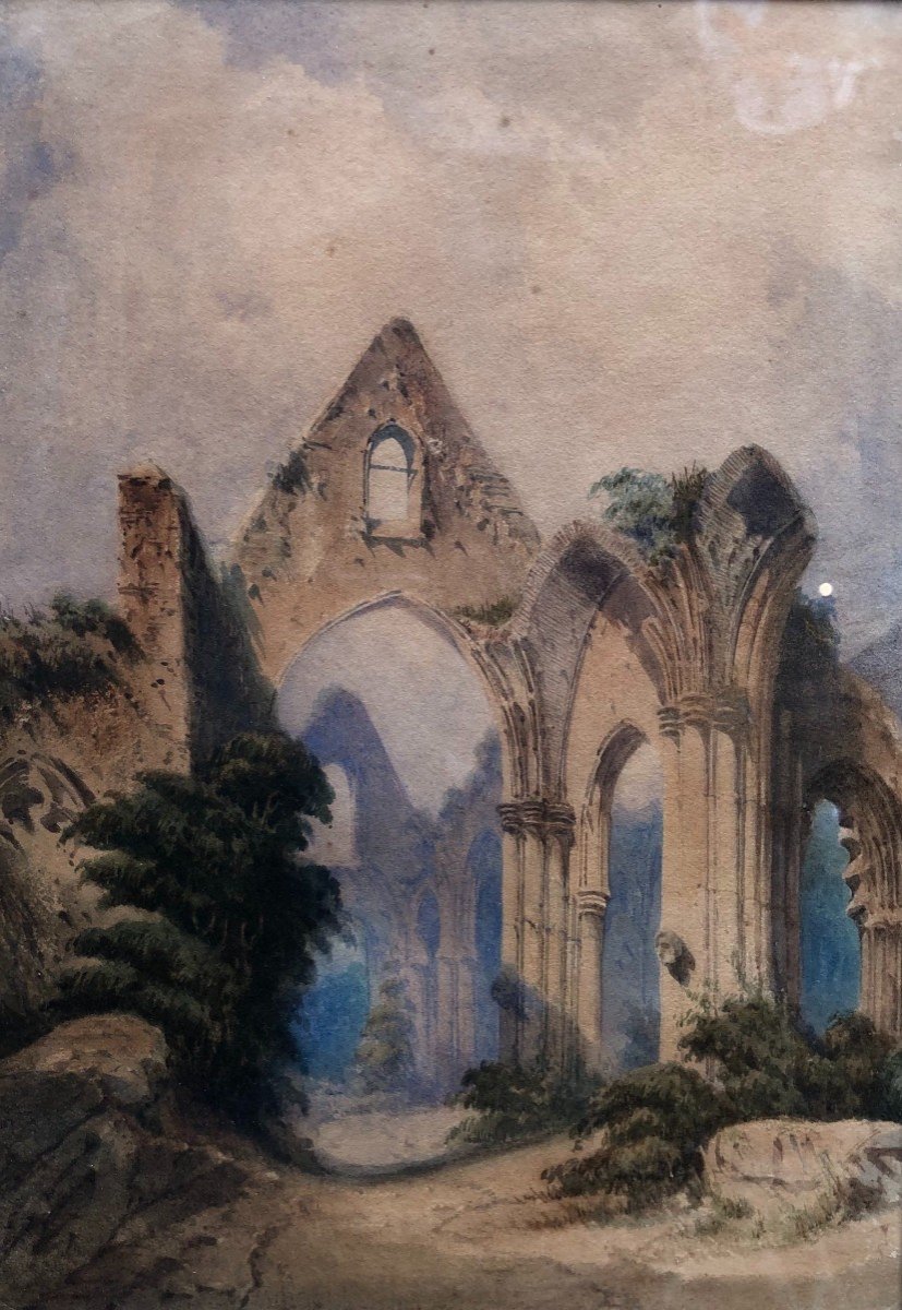 19th Century Watercolor - Ruins Of A Church - Balkans
