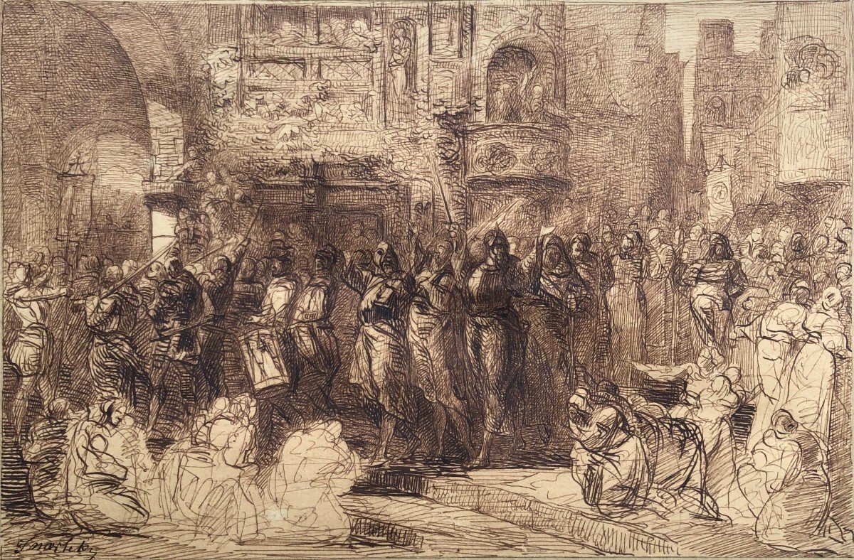 Joseph Navlet (1821-1889) - Pen Drawing - Military Parade