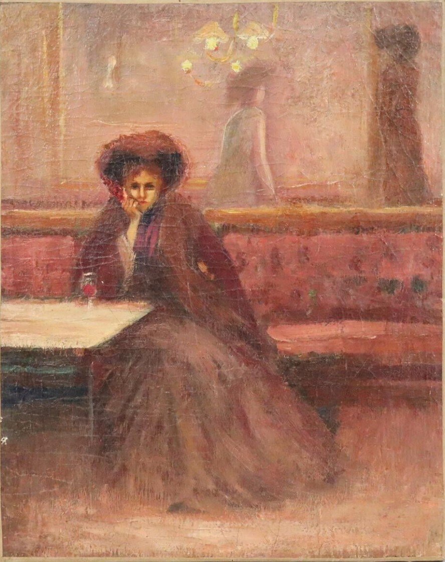 Oil On Canvas - Early 20th Century - The Woman With A Glass In A Café