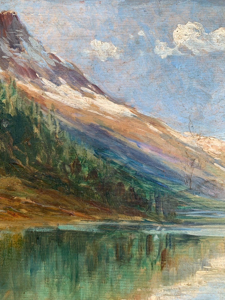Oil On Panel - Mountain Lake And Glacier Landscape - Early 20th Century-photo-2