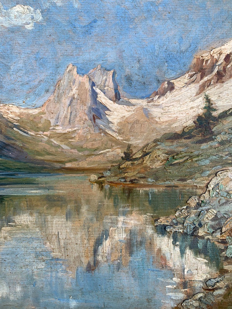 Oil On Panel - Mountain Lake And Glacier Landscape - Early 20th Century-photo-3