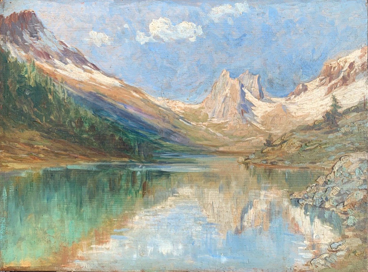 Oil On Panel - Mountain Lake And Glacier Landscape - Early 20th Century