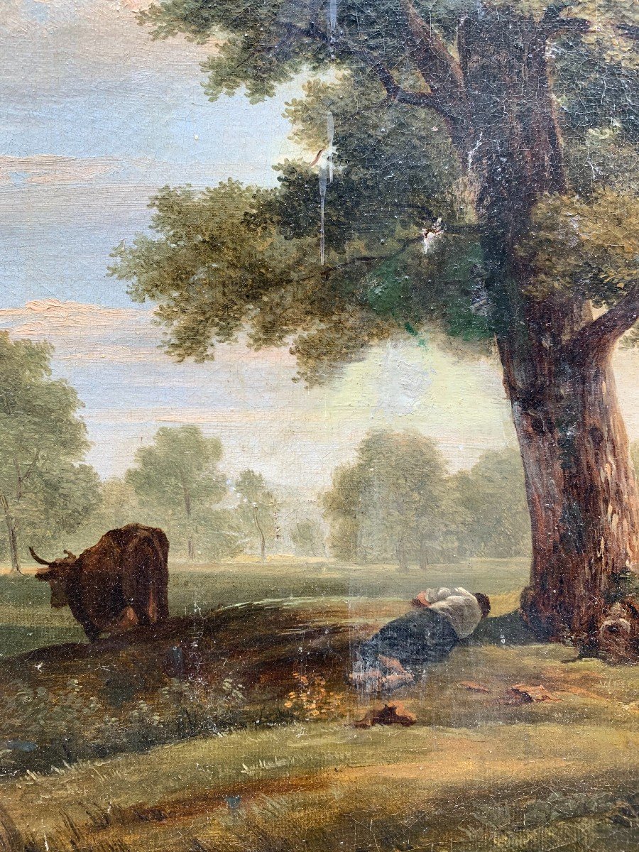 Oil On Canvas - Early 19th Century - Young Shepherd Lying Under The Tree-photo-2