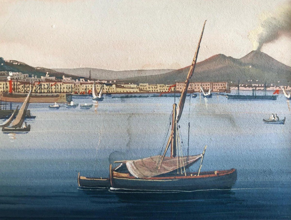 Neapolitan Gouache - Early 19th Century - View Of Vesuvius - Bay Of Naples-photo-2