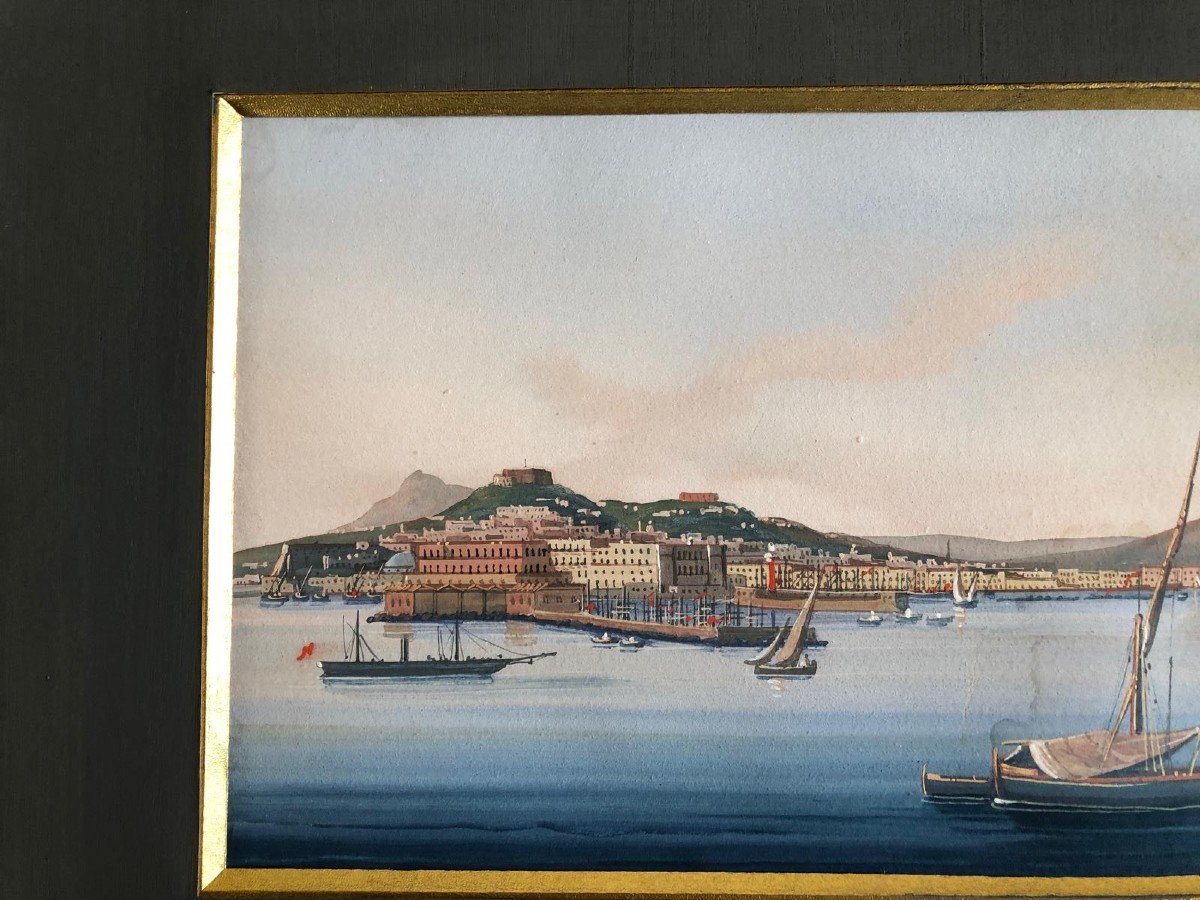 Neapolitan Gouache - Early 19th Century - View Of Vesuvius - Bay Of Naples-photo-3