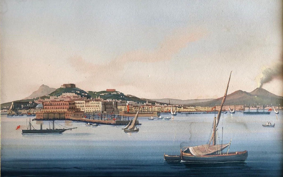 Neapolitan Gouache - Early 19th Century - View Of Vesuvius - Bay Of Naples