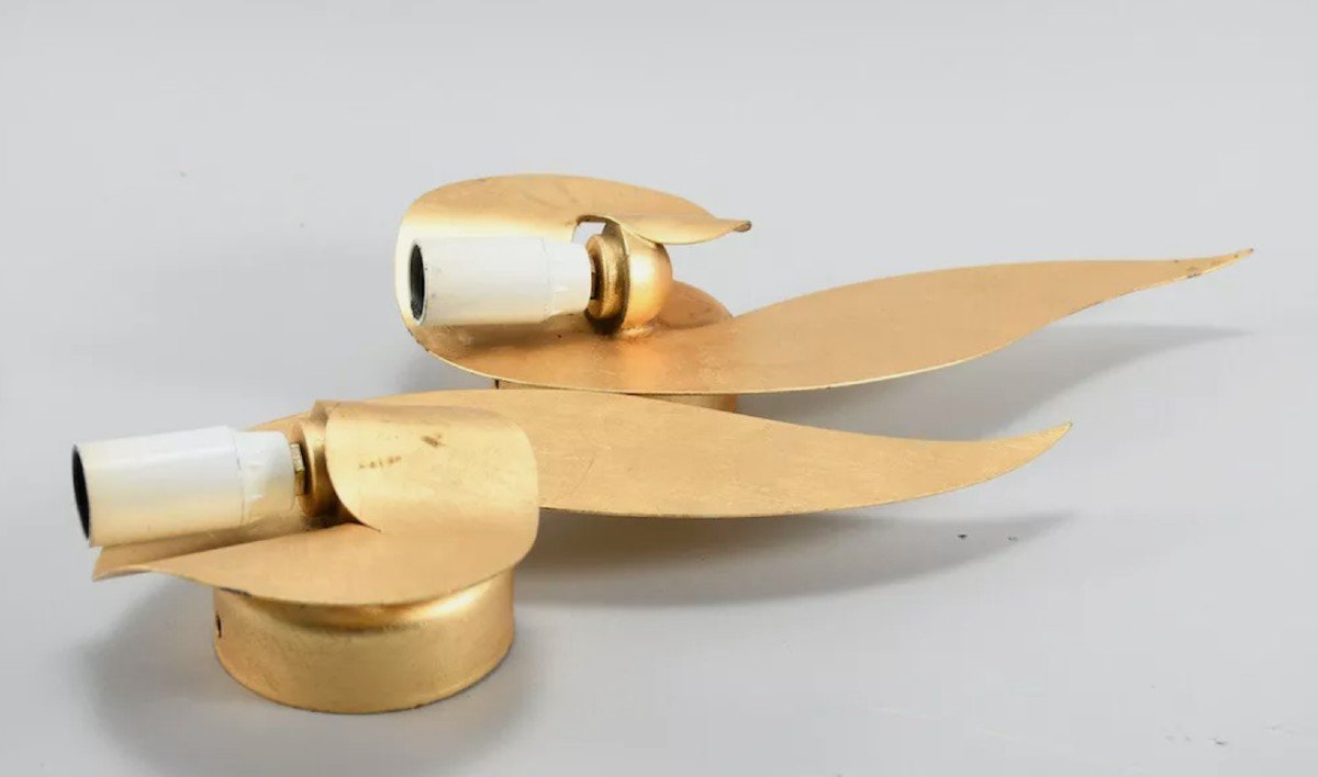 Pair Of Gold Metal Wall Lights - 80s - Banci Italy -photo-3