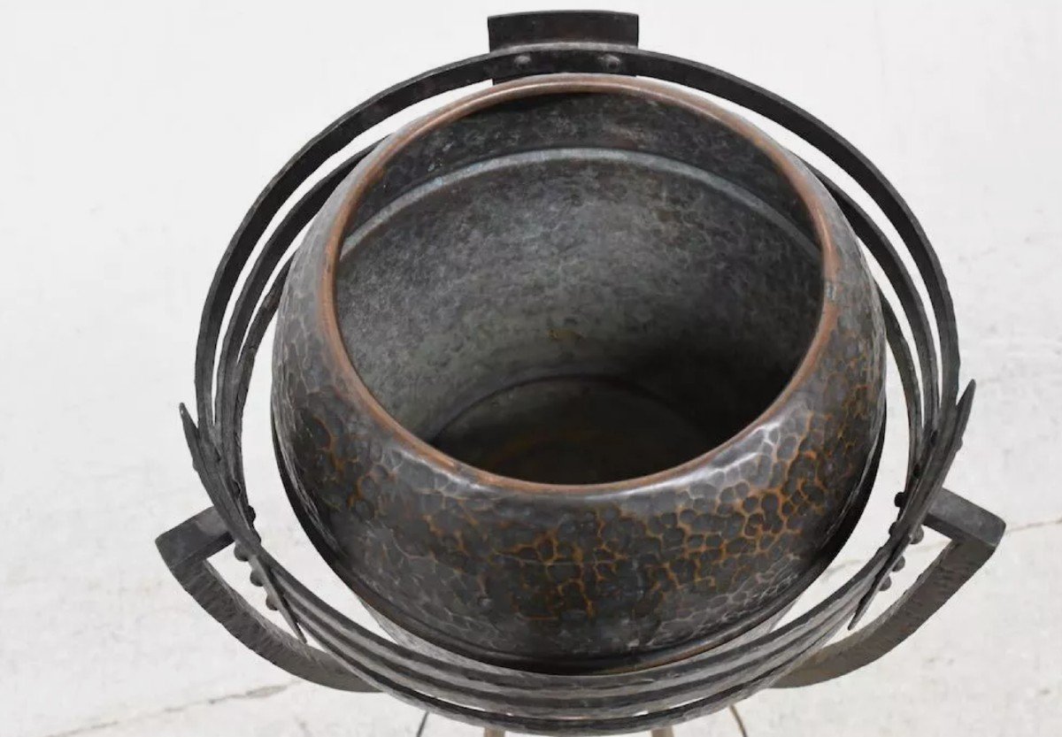 Planter And Its Base - Art Nouveau - Copper And Hammered Iron - Secession -photo-3