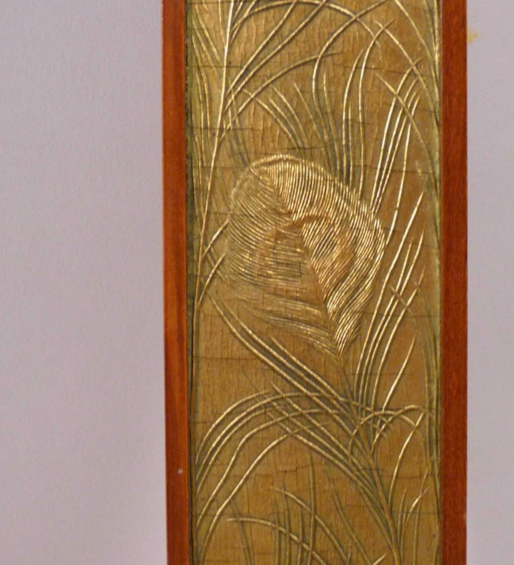 Large Frame From The Early 20th Century - Wood And Gilded Stucco - Peacock Feather Decoration-photo-3