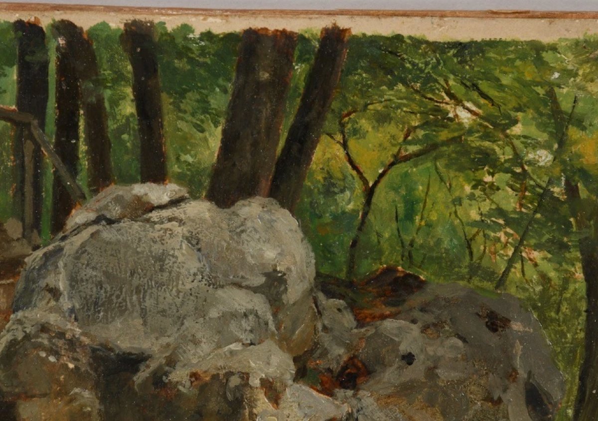 Oil On Paper - Late 19th Century - The Stone Staircase In The Forest-photo-2