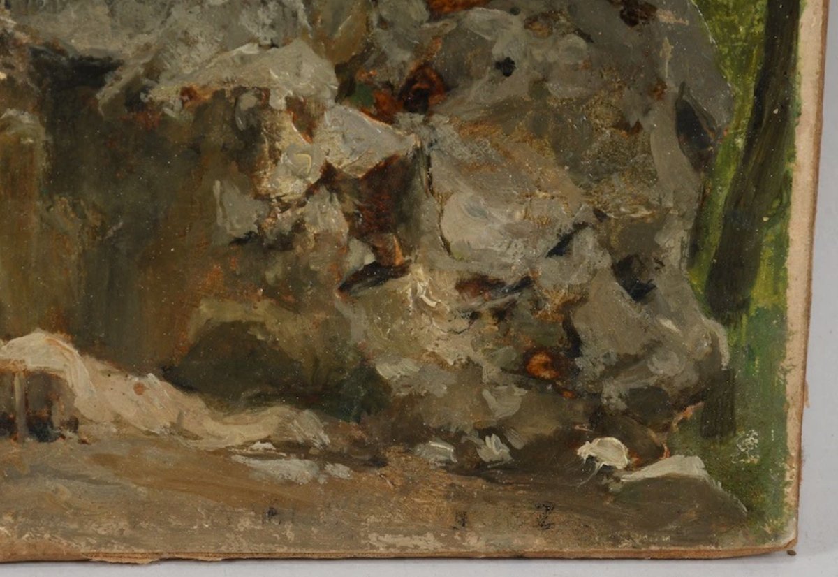 Oil On Paper - Late 19th Century - The Stone Staircase In The Forest-photo-2