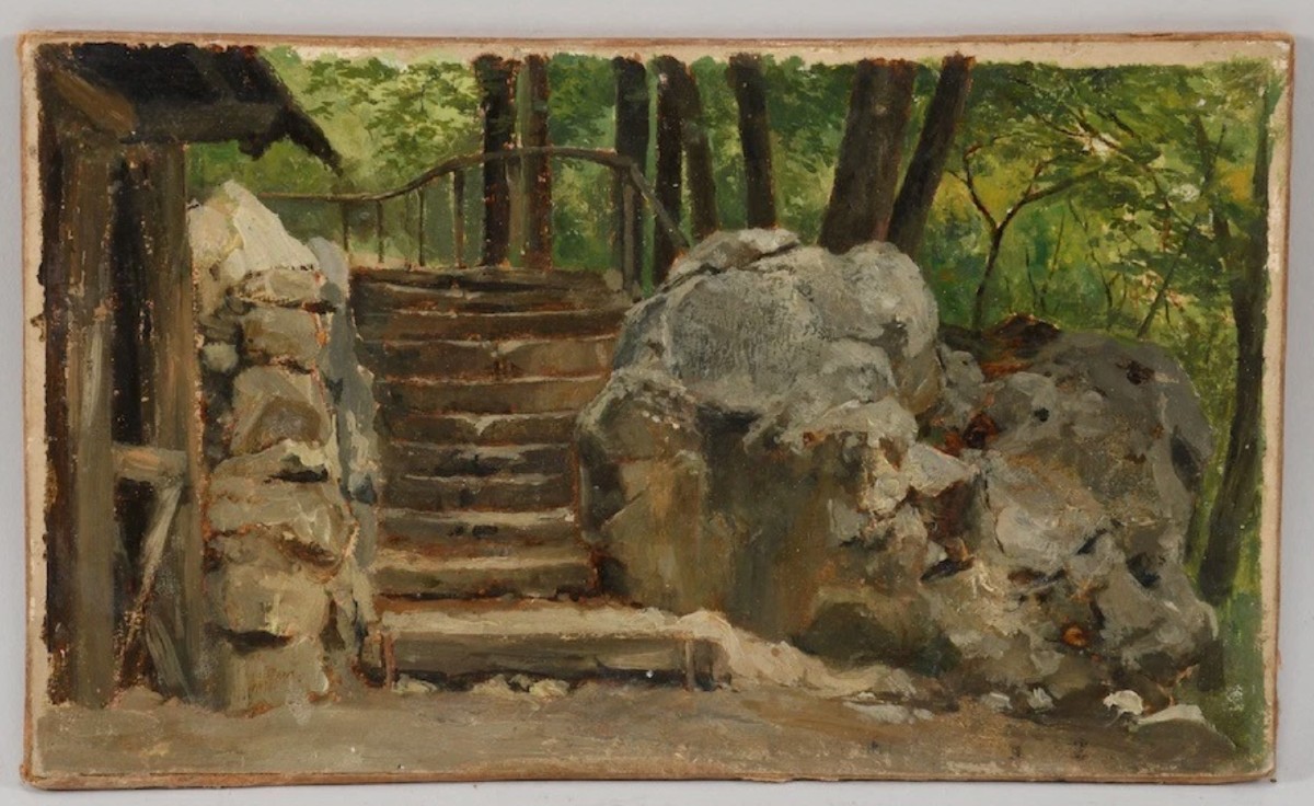 Oil On Paper - Late 19th Century - The Stone Staircase In The Forest