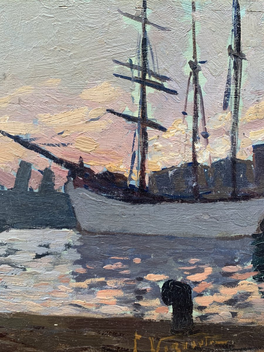 Huile sur panneau – Marine au coucher de soleil – Début XXᵉ siècle-photo-2