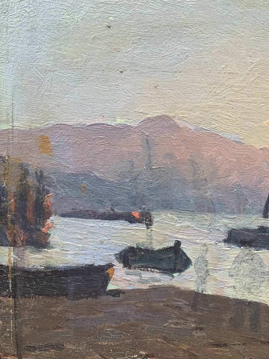 Huile sur panneau – Marine au coucher de soleil – Début XXᵉ siècle-photo-3