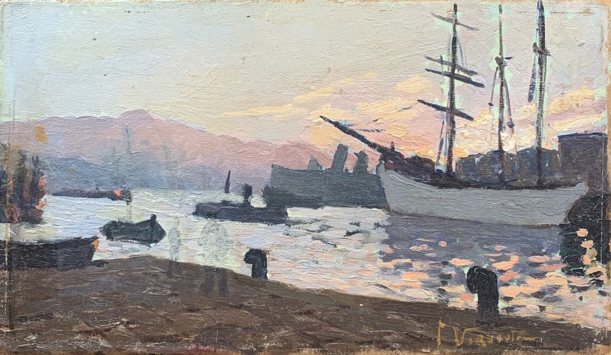 Huile sur panneau – Marine au coucher de soleil – Début XXᵉ siècle